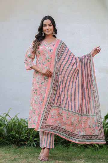 Peach Whisper Floral Kurta Set