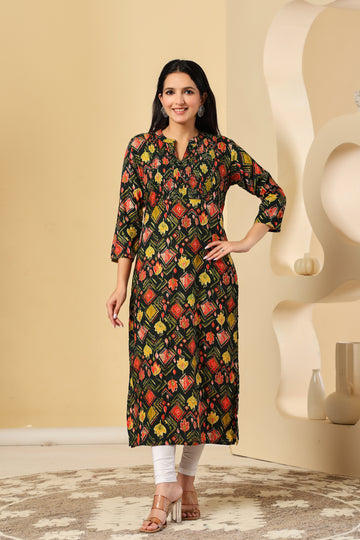 Black Printed Cotton Kurti with Multicolor Motifs – Stylish & Comfortable