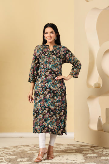 Multi-Color Floral Printed Kurti with Pleated Yoke