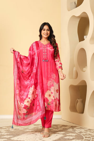 Radiant Pink Floral Kurta Set with Dupatta – Elegant Festive Wear