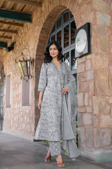 Noorita Grey :- Women's Cotton Kurta Set with Dupatta | Embroidered Neckline & Printed Design