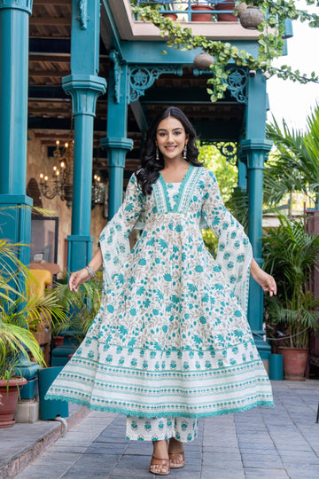 Ziyaana Green:- Women's Cotton Anarkali Kurta Set with Dupatta | Heavy Embroidered Neck & Sleeves