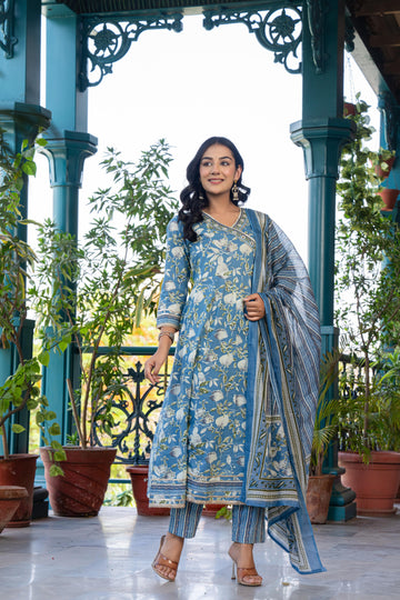 Mehira Women's Blue Floral Cotton Kurta Set with Dupatta
