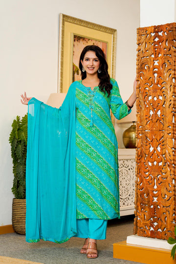 Turquoise & Green Printed Kurta Set with Dupatta – Vibrant Festive Wear