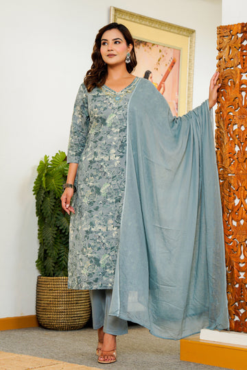 Elegant Grey Floral Kurta Set with Dupatta