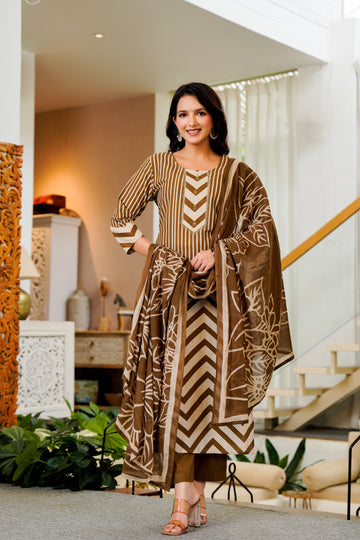 Elegant Brown Striped Kurta Set with Dupatta