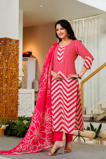 Radiant Pink Chevron Kurta Set with Dupatta