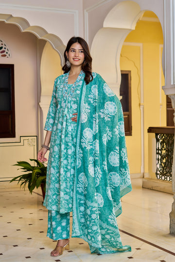 Aarvika Women's Green Cotton Kurta Set with Dupatta | Heavy Embroidery