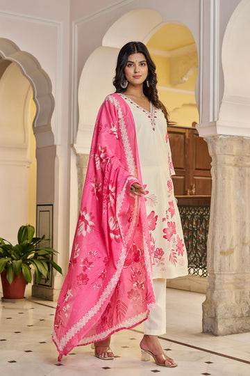 Cream & Pink Floral Printed Cotton Suit Set | Elegant Kurta with Dupatta