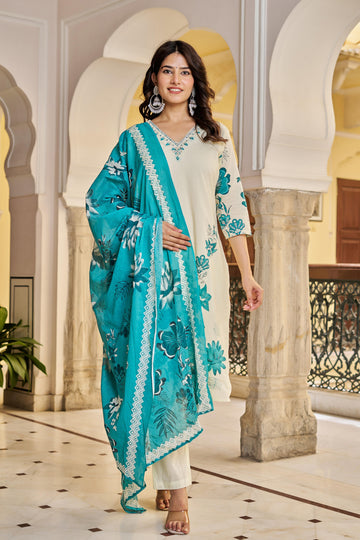 Cream & Teal Floral Printed Cotton Suit Set | Elegant Kurta with Dupatta