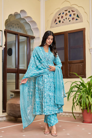 Noorita Women's Cotton Kurta Set with Dupatta | Teal Blue | Embroidered Neckline & Printed Design