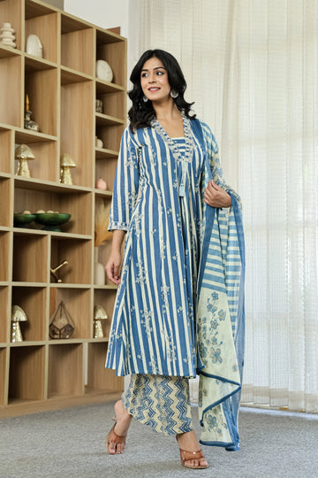 Blue Straight Cotton Kurta Pant Dupatta Set