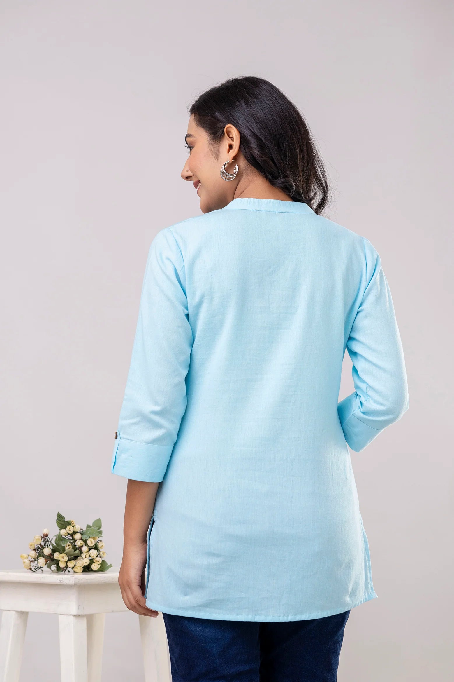 Sky Blue Mandarin Collar Cotton Short Kurti