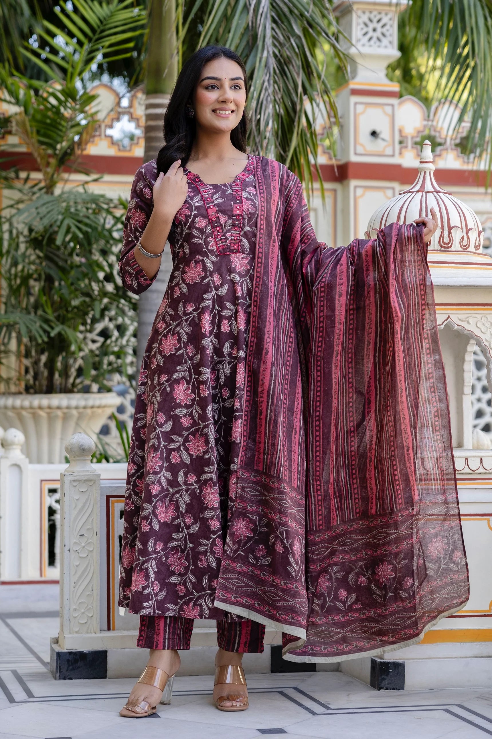 Mehak - Maroon Floral Printed Cotton Anarkali Suit Set with Trousers and Dupatta