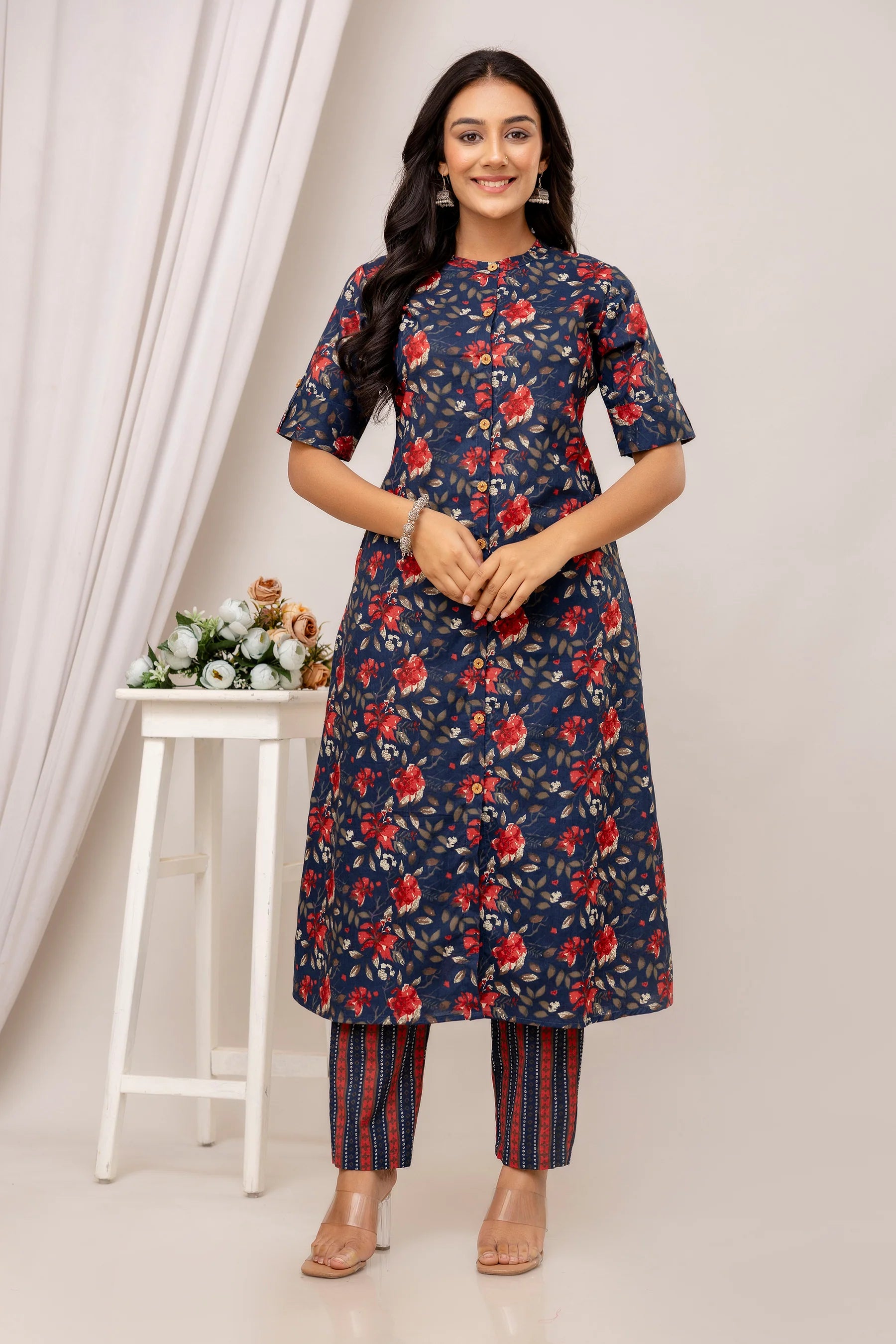 Carla - Navy Blue Floral Printed A-line Kurta with Pants