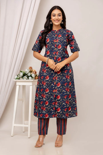 Carla - Navy Blue Floral Printed A-line Kurta with Pants