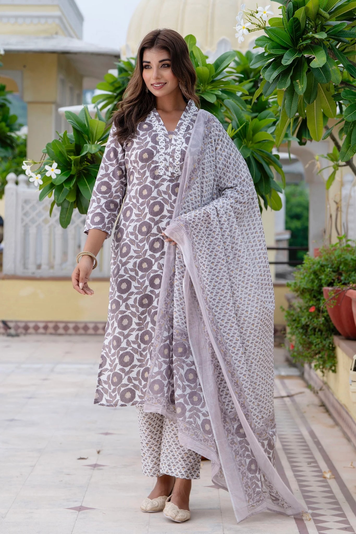 Rashi - White and Brown Collar Neck Kurta Set with Trousers and Dupatta