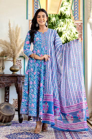 Palak - Blue Floral Printed Cotton Anarkali Suit Set with Trousers and Dupatta