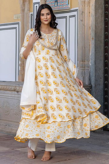 Aadya - Off-White and Yellow Printed Double Flare Anarkali Suit Set