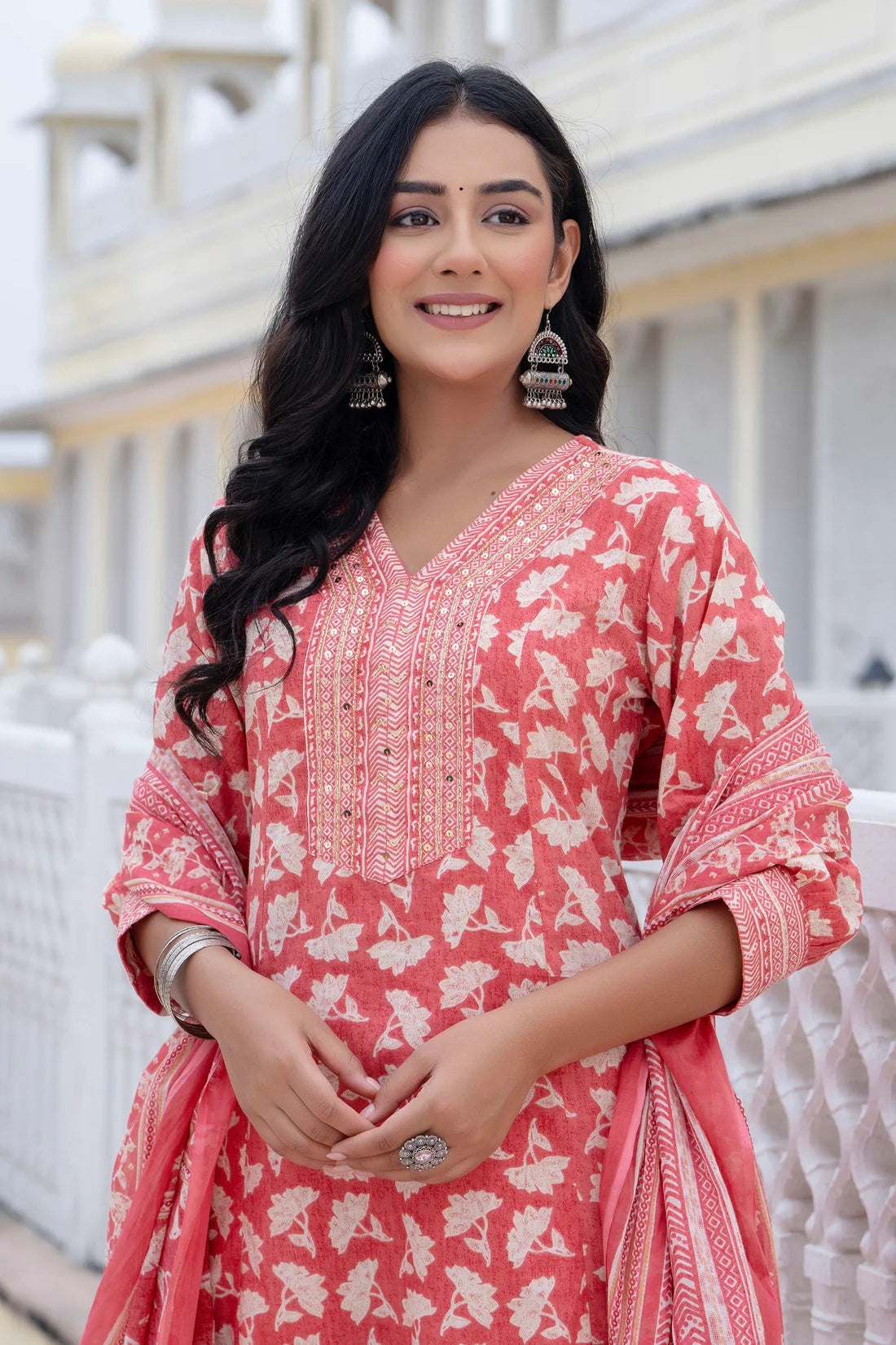 ALIA - Peach Cotton Anarkali Suit Set With Palazzo and Dupatta