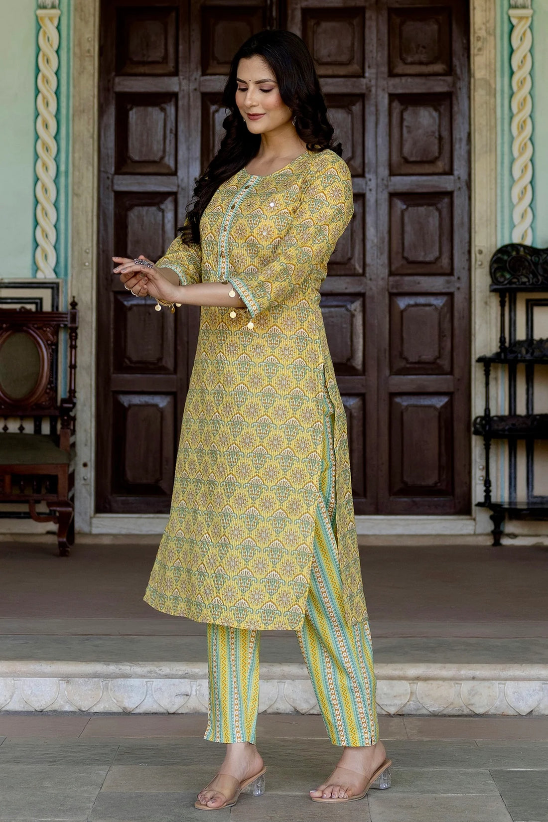 Adrika - Yellow and Green Cotton Silli Kurta Set