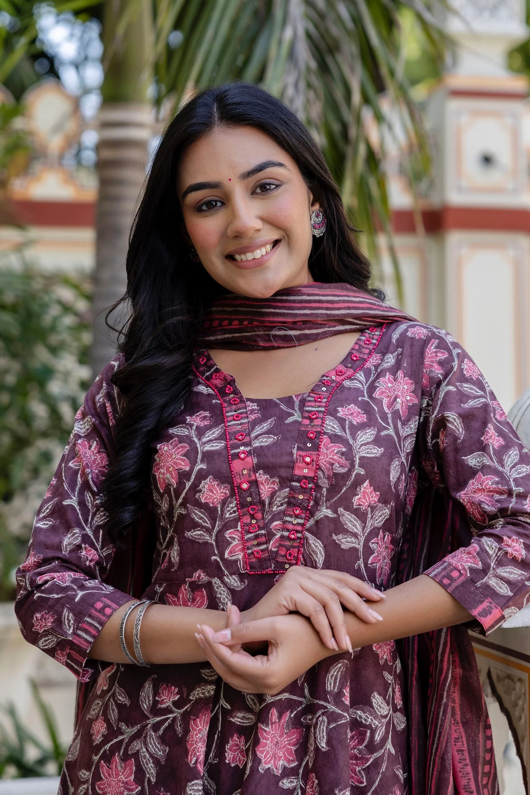 Mehak - Maroon Floral Printed Cotton Anarkali Suit Set with Trousers and Dupatta