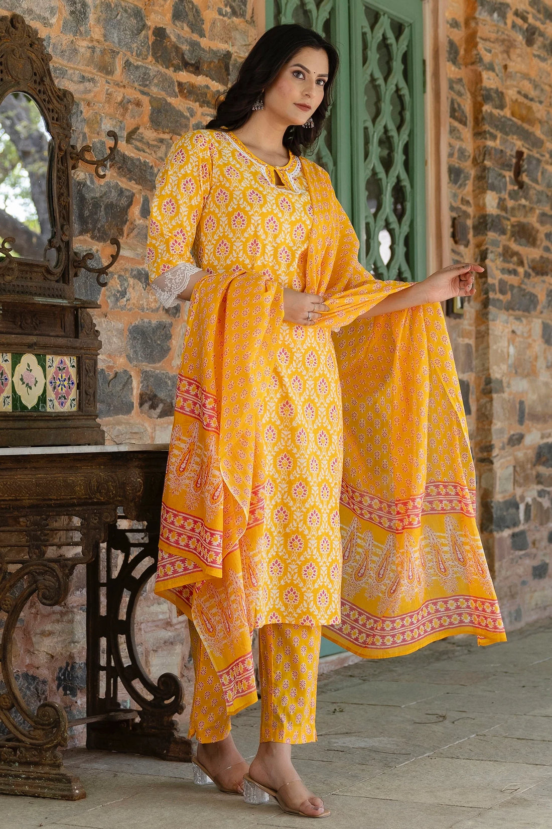 Sriti - Yellow Sequins Highlight Printed Cotton Kurta Set with Dupatta