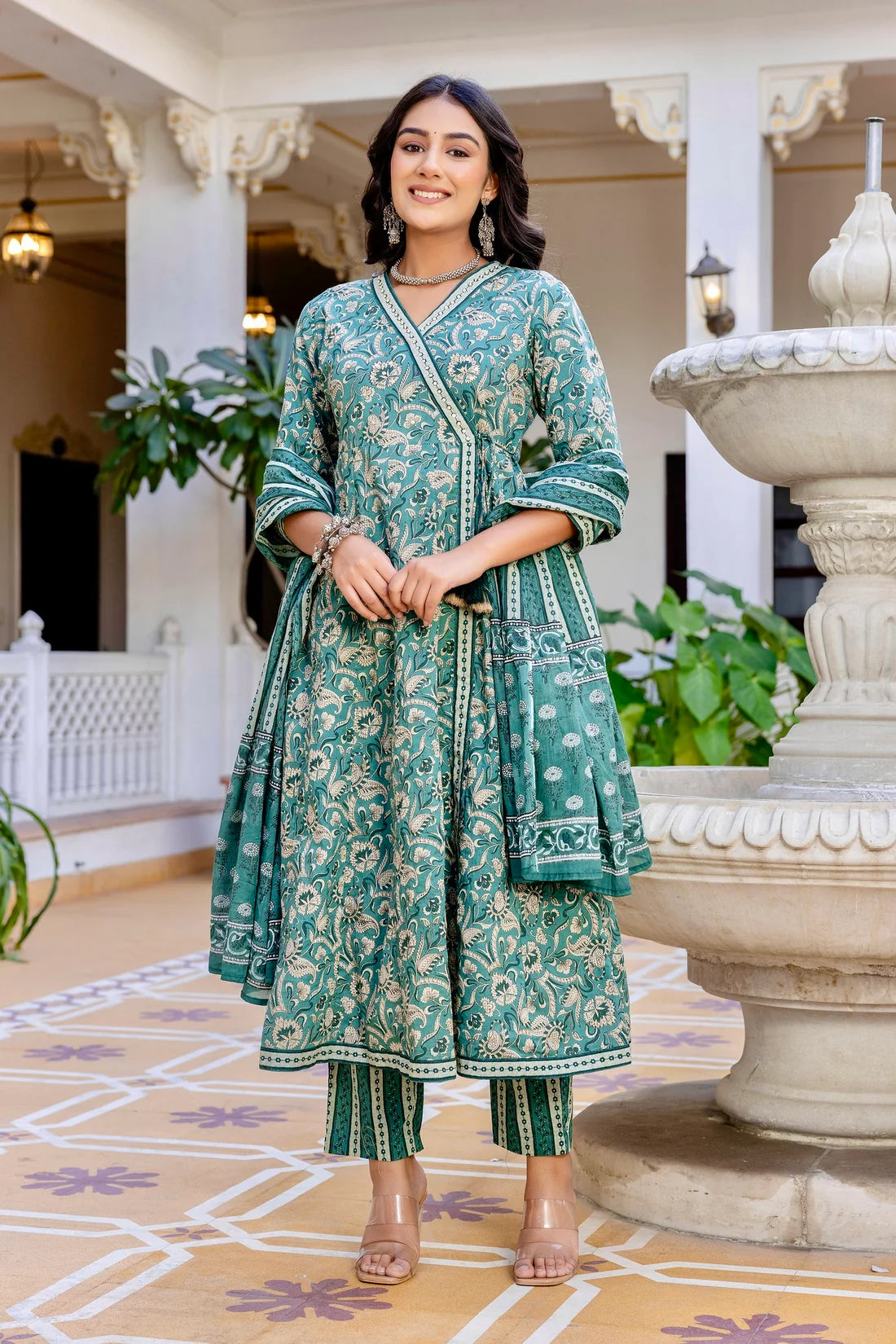 SIYA- Green Angrakha Anarkali Suit Set with Trouser and Dupatta