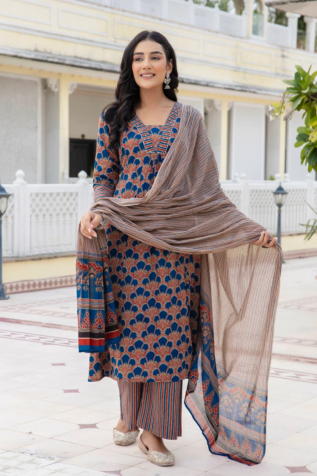 HERA - Blue Ajrakh Print A-line Cotton Kurta Set with Trouser and Dupatta