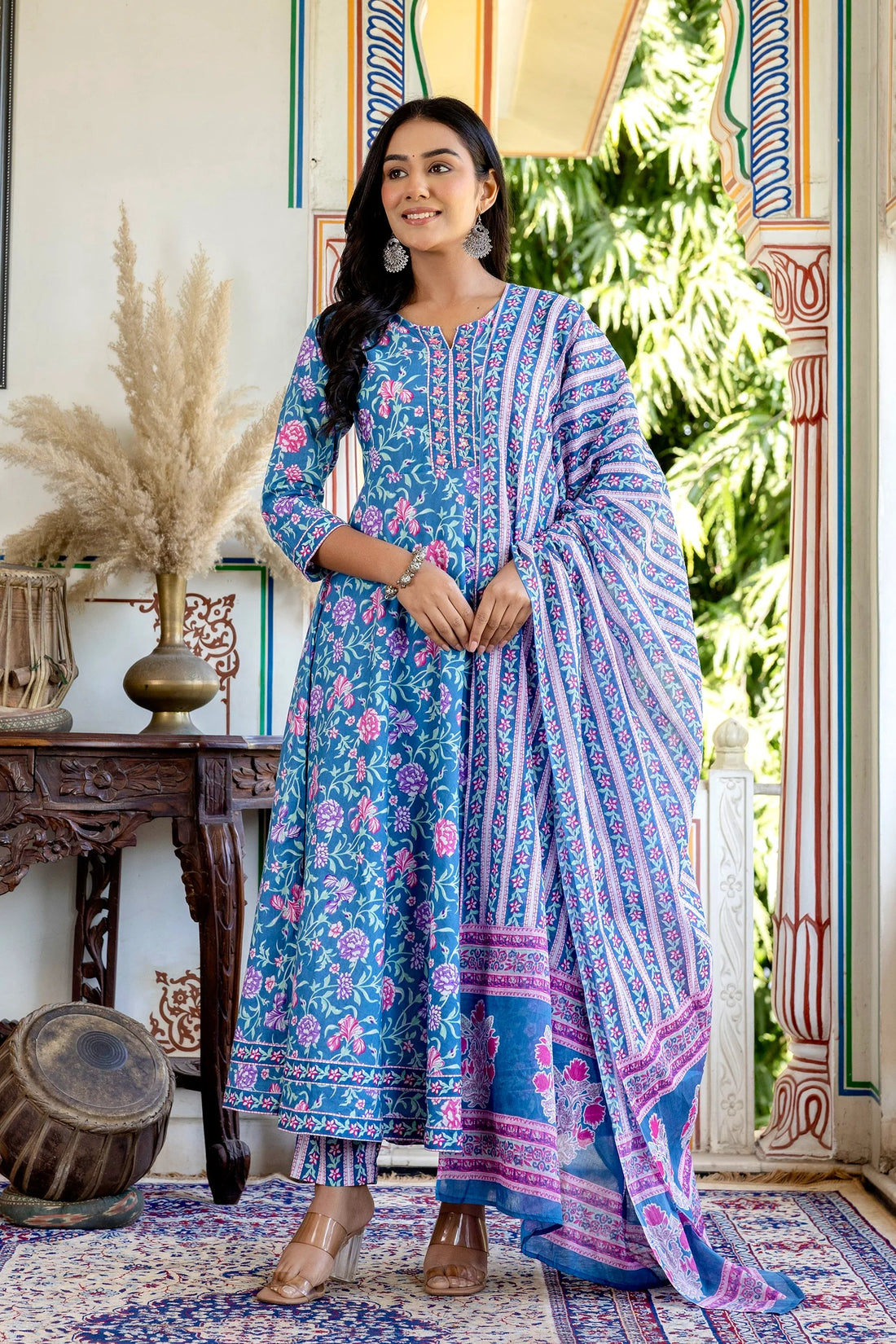 Palak - Blue Floral Printed Cotton Anarkali Suit Set with Trousers and Dupatta