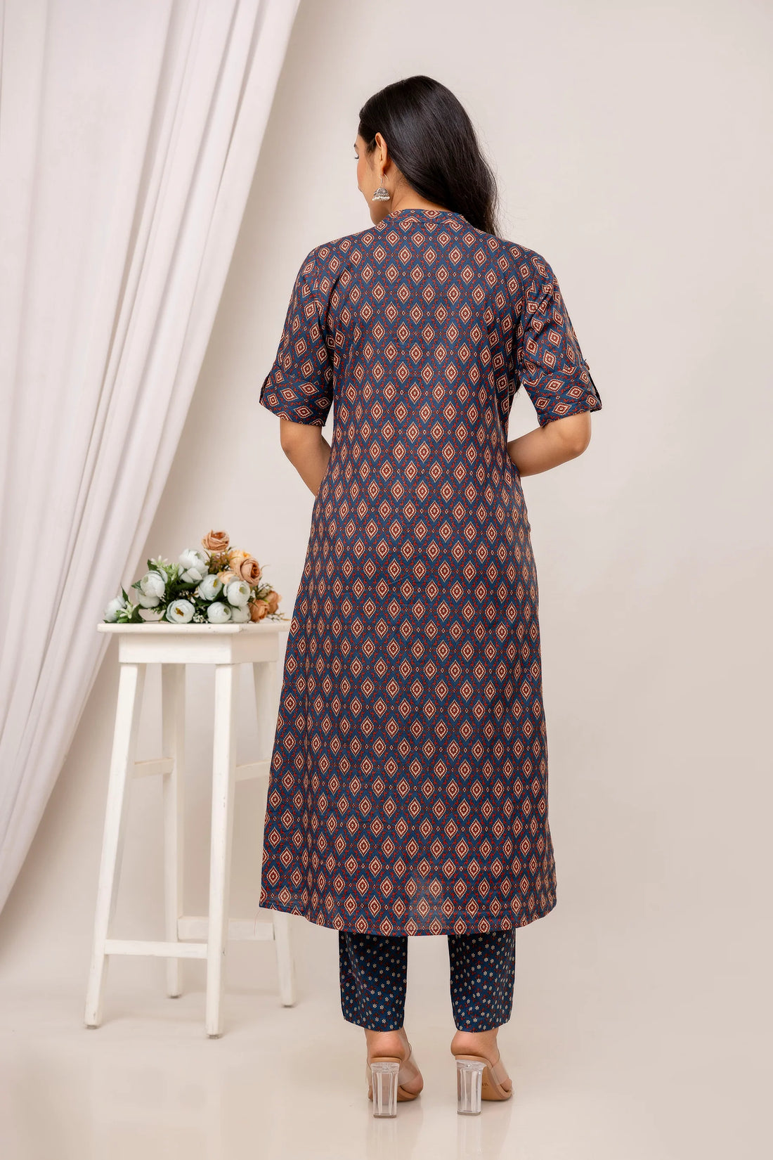 Ivy - Navy Blue Ajrak Print A-line Kurta with Pants