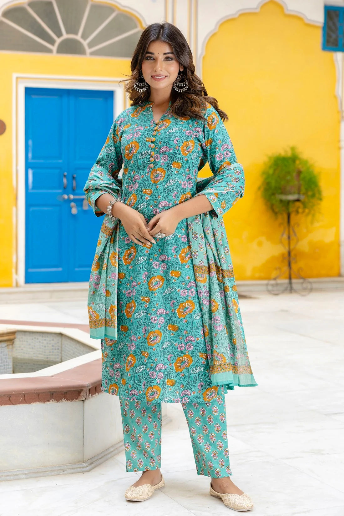 Anvika - Green Floral Printed Cotton Kurta Set with Dupatta