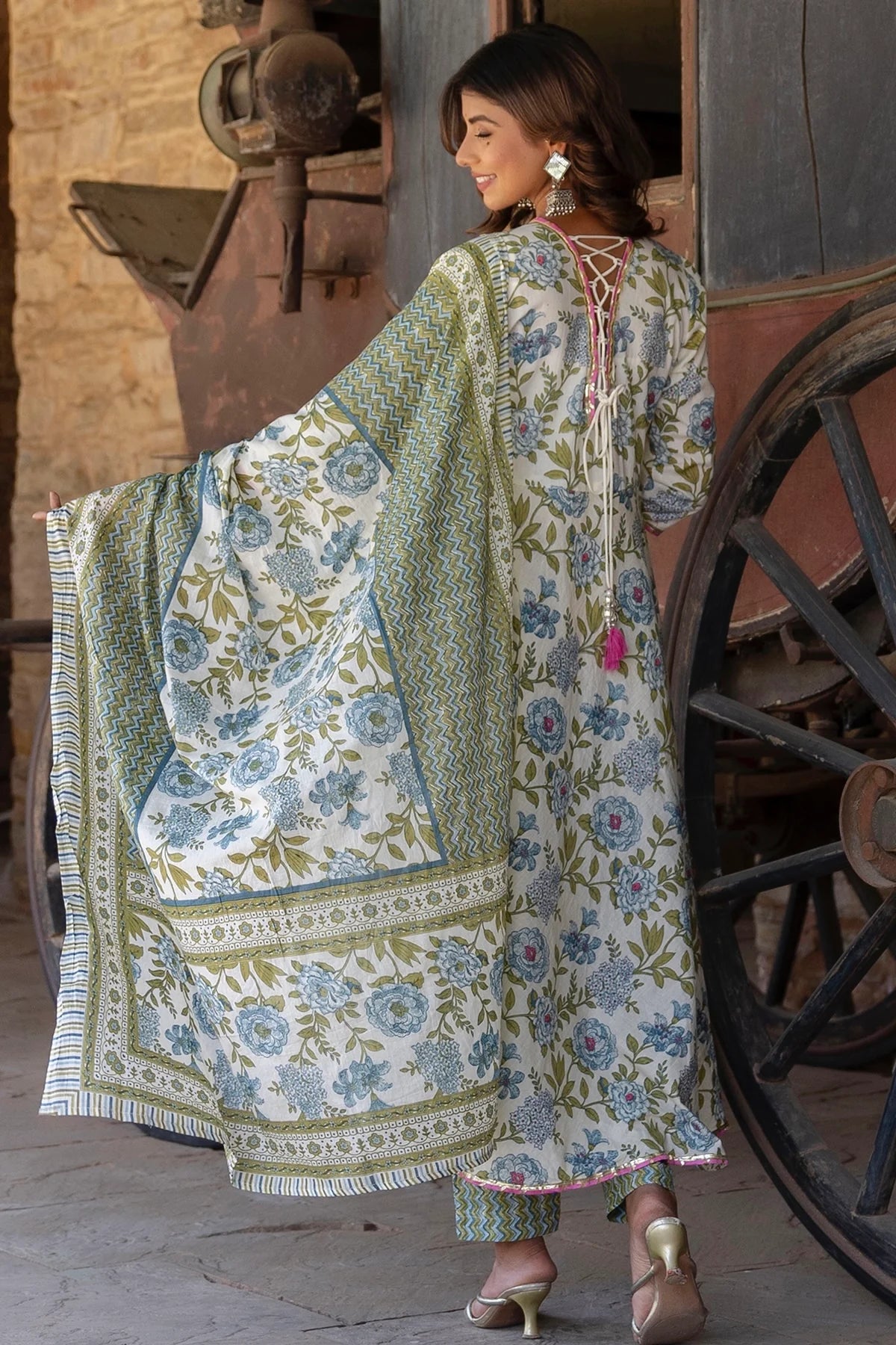 Myra - White and Green Printed Floral Angrakha Anarkali Suit Set