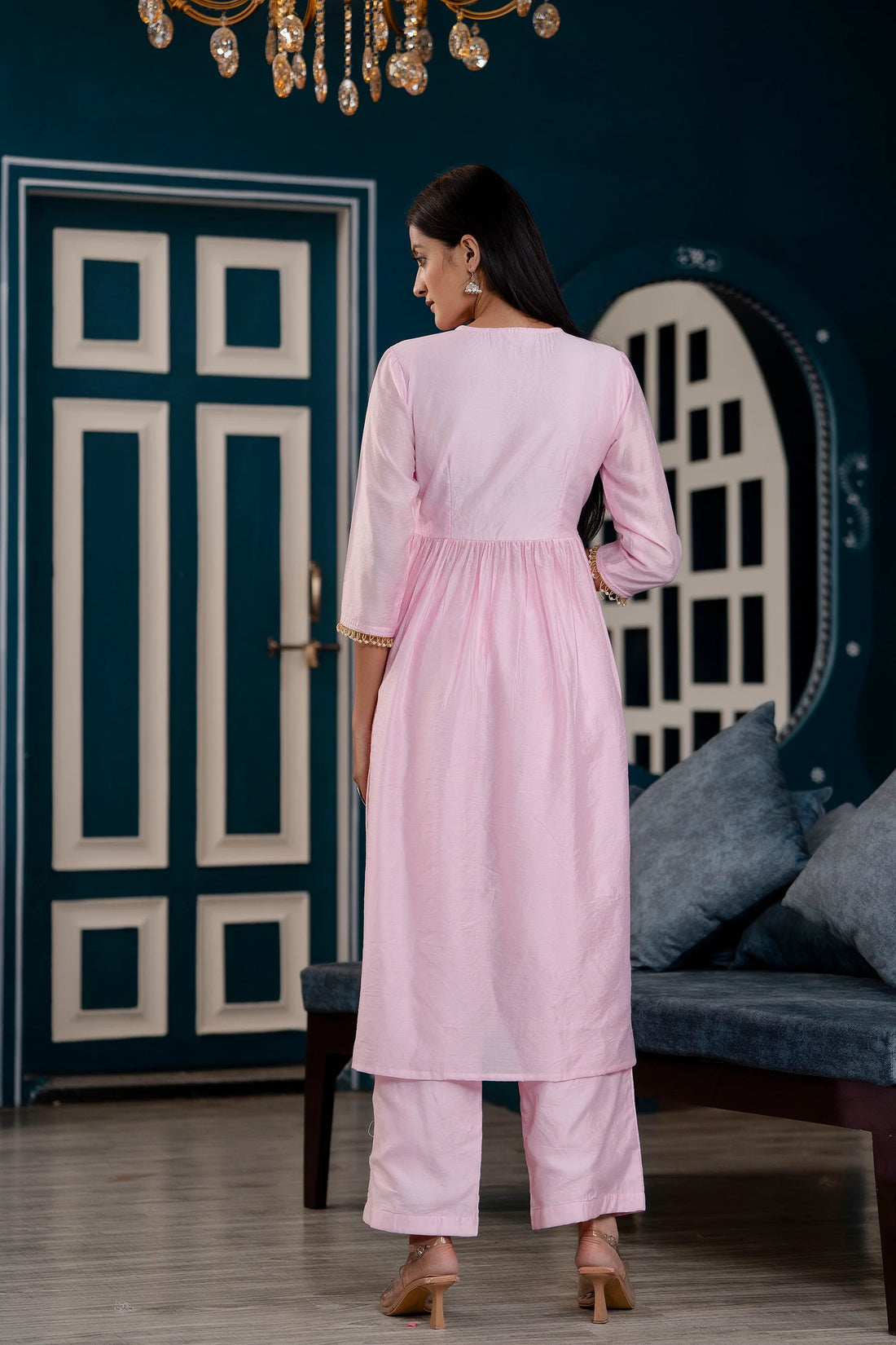 Kimaya-Pink Chanderi Gota Work Alia Cut Suit Set