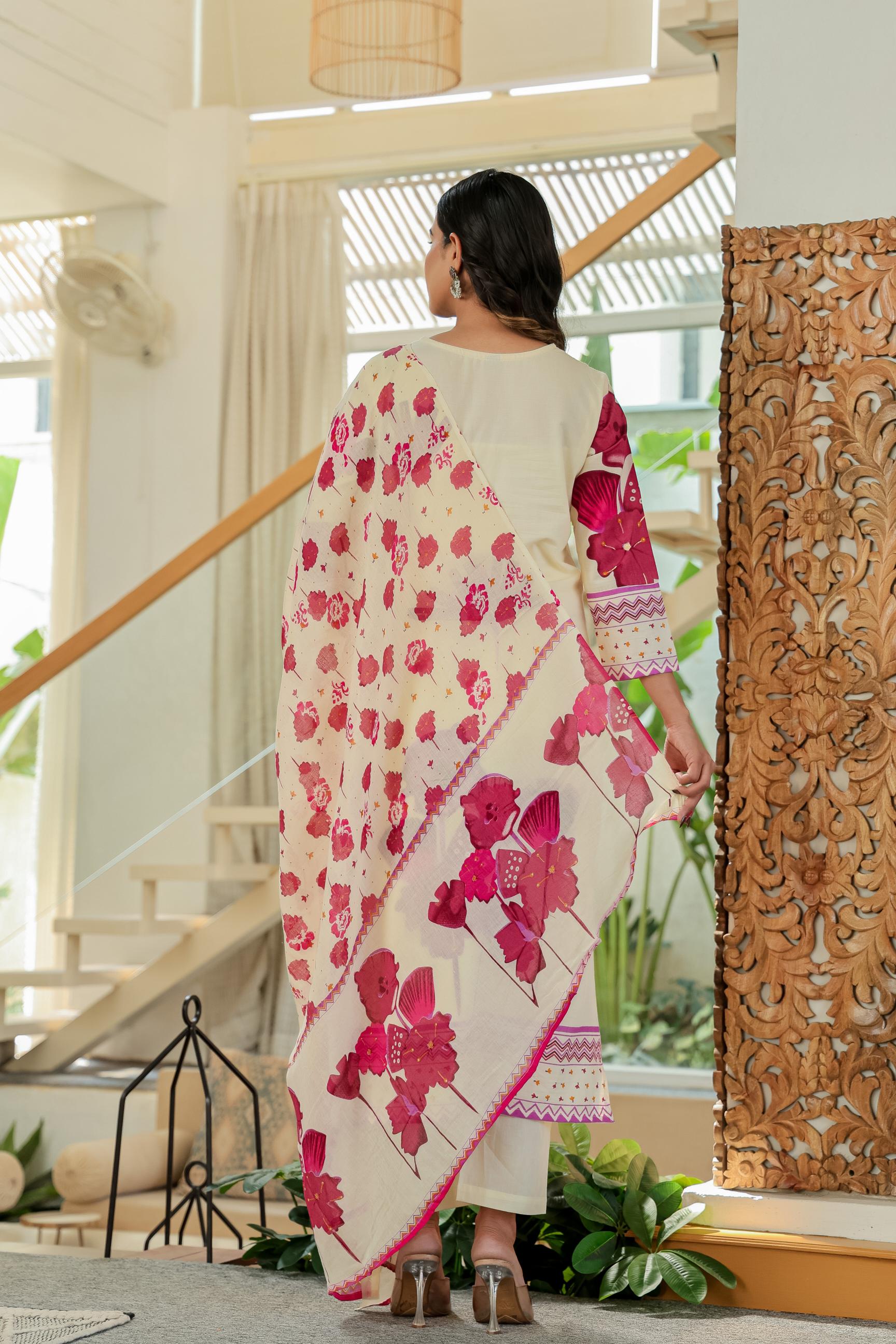 🌸 Ivory Bloom Hand-Embroidered Cotton Suit Set 🌸
