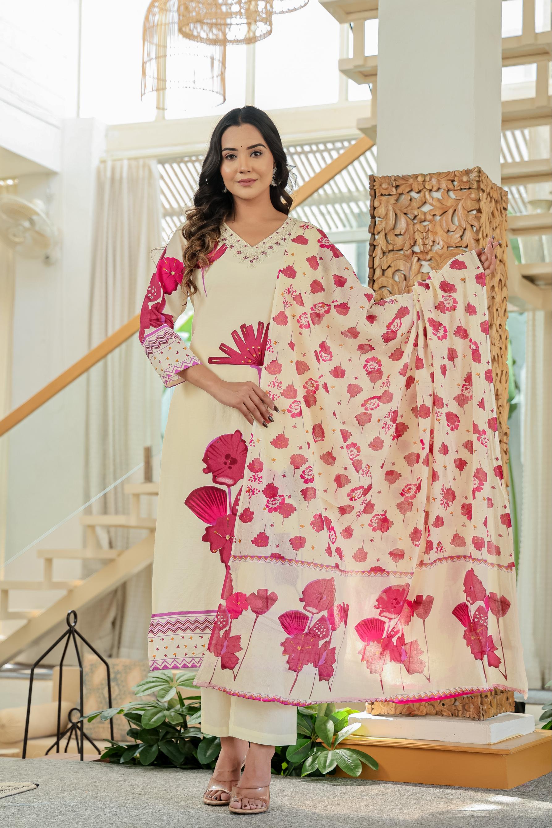 🌸 Ivory Bloom Hand-Embroidered Cotton Suit Set 🌸