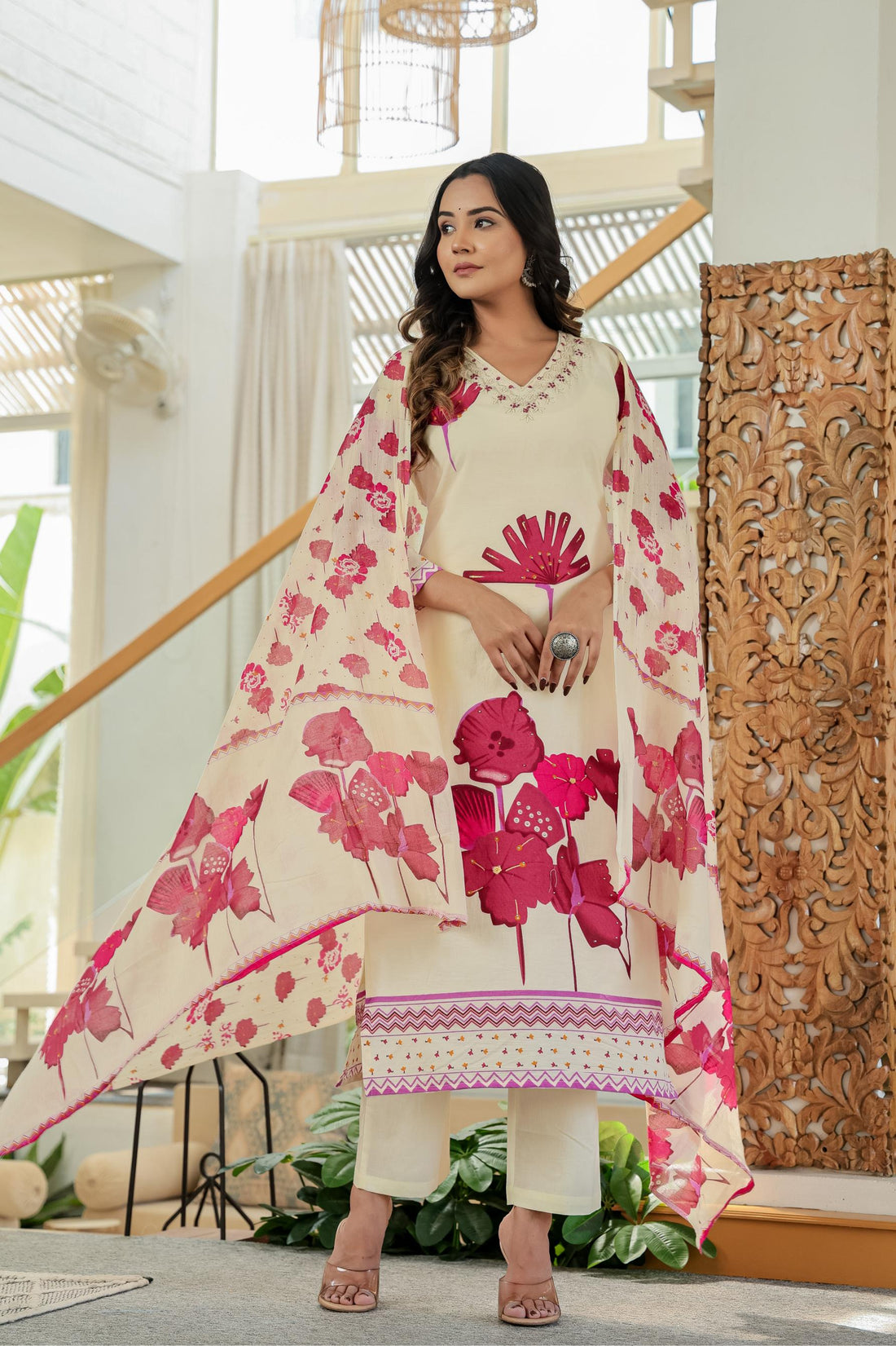 🌸 Ivory Bloom Hand-Embroidered Cotton Suit Set 🌸