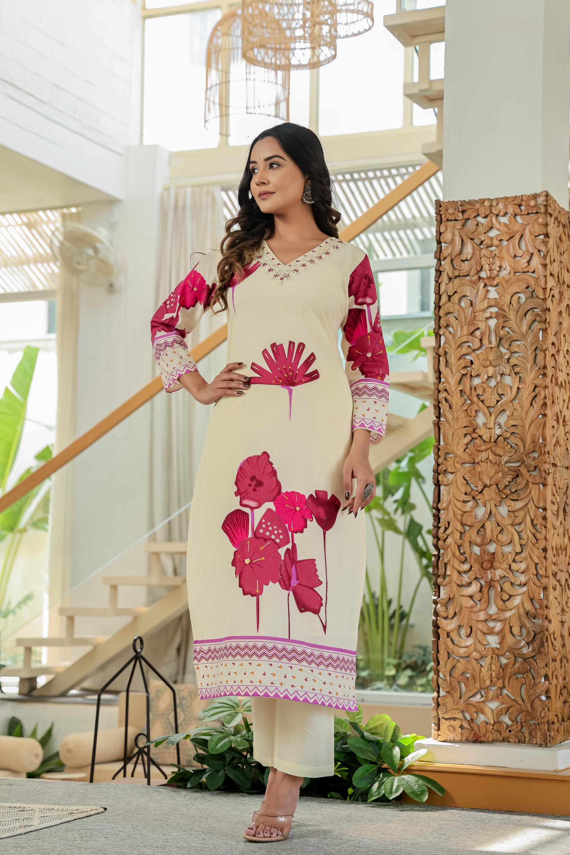 🌸 Ivory Bloom Hand-Embroidered Cotton Suit Set 🌸