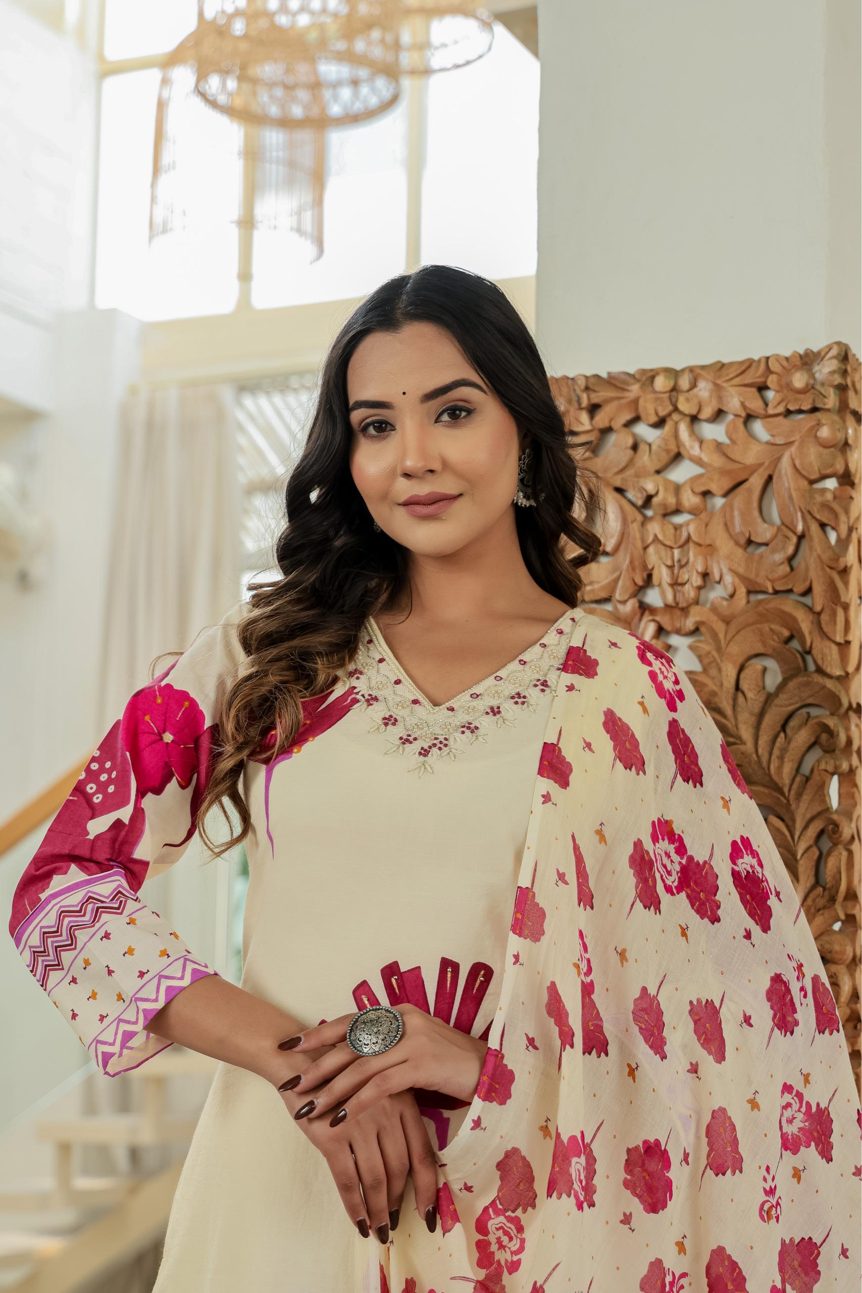 🌸 Ivory Bloom Hand-Embroidered Cotton Suit Set 🌸