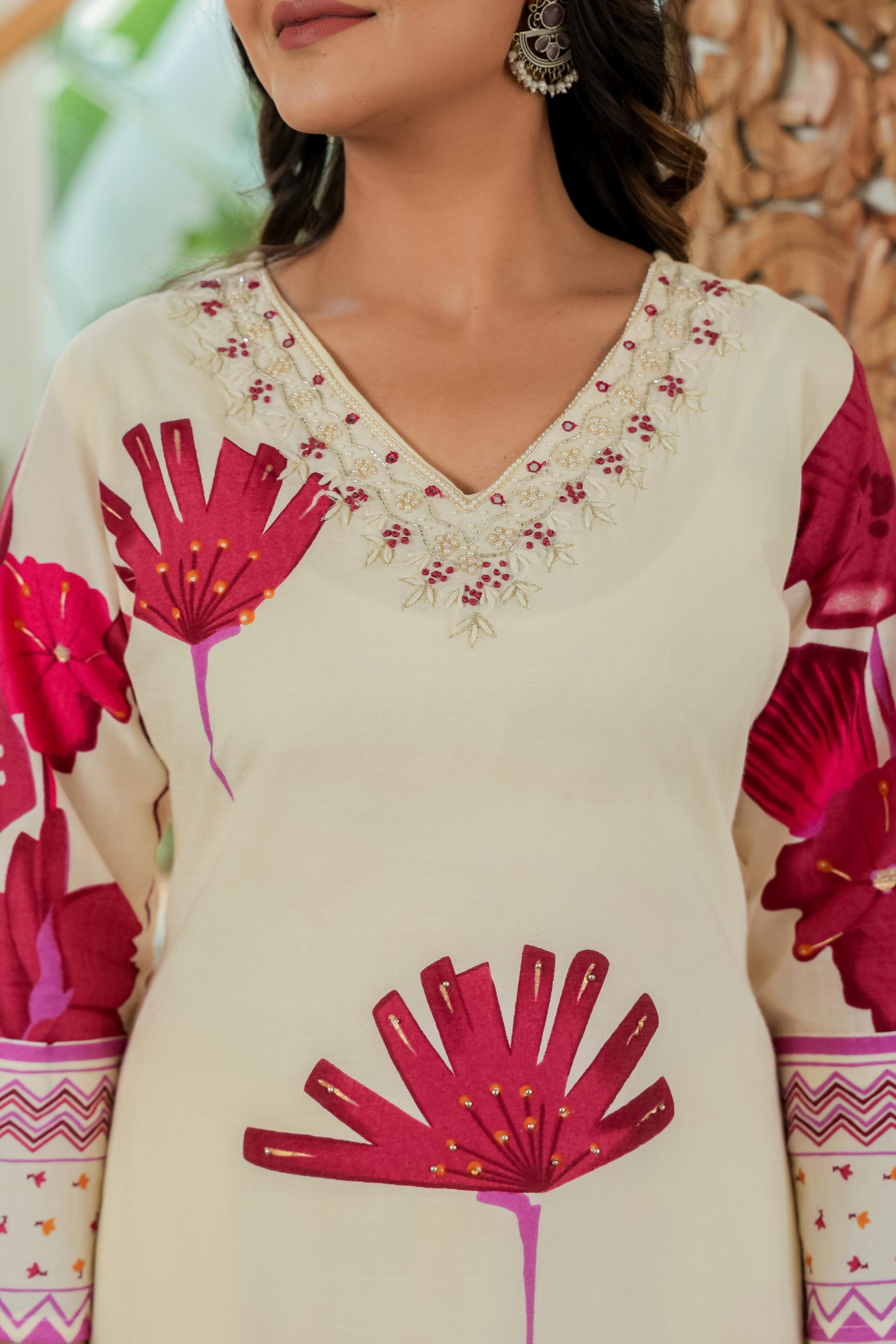 🌸 Ivory Bloom Hand-Embroidered Cotton Suit Set 🌸