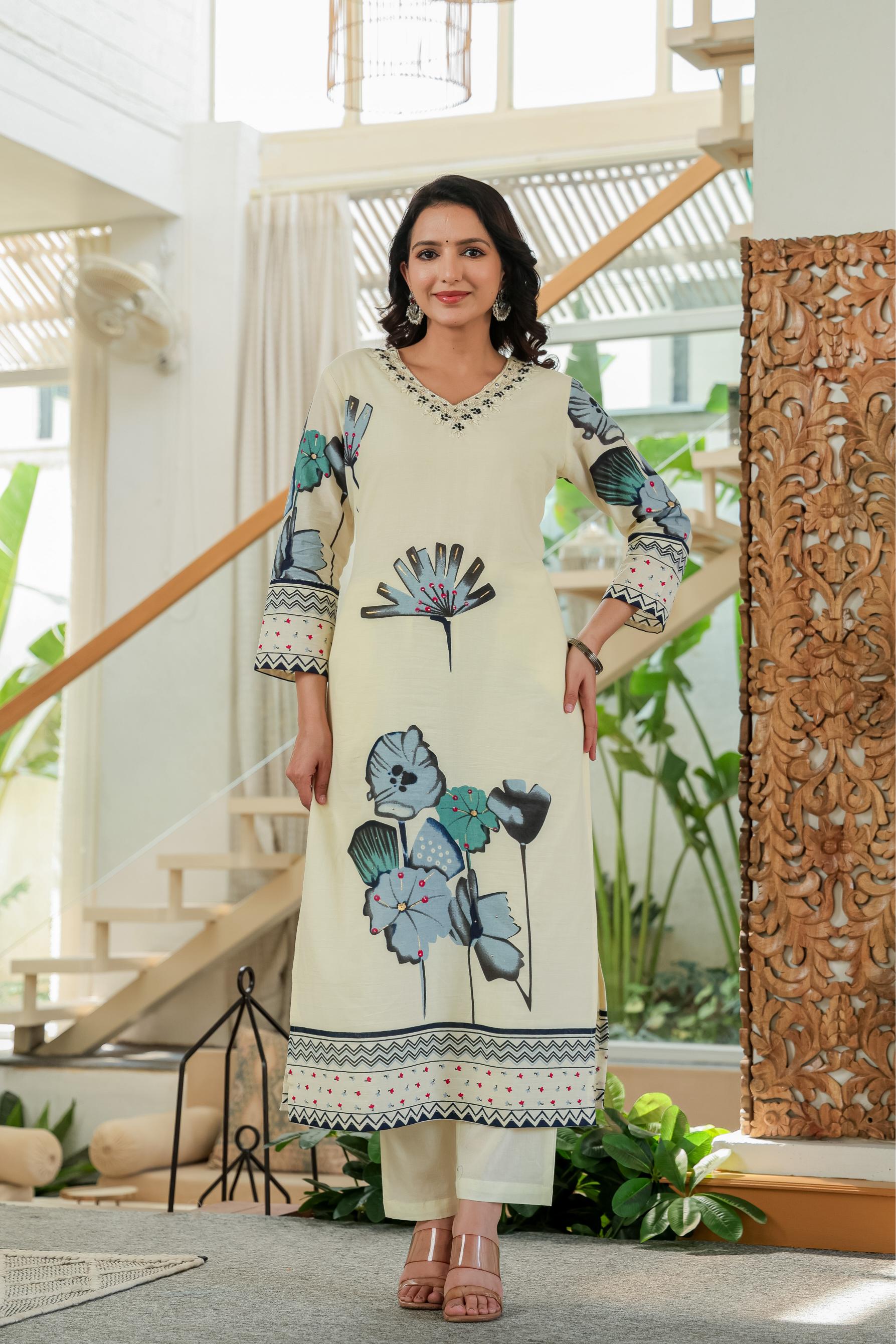 Ivory Bloom Hand-Embroidered Cotton Suit Set