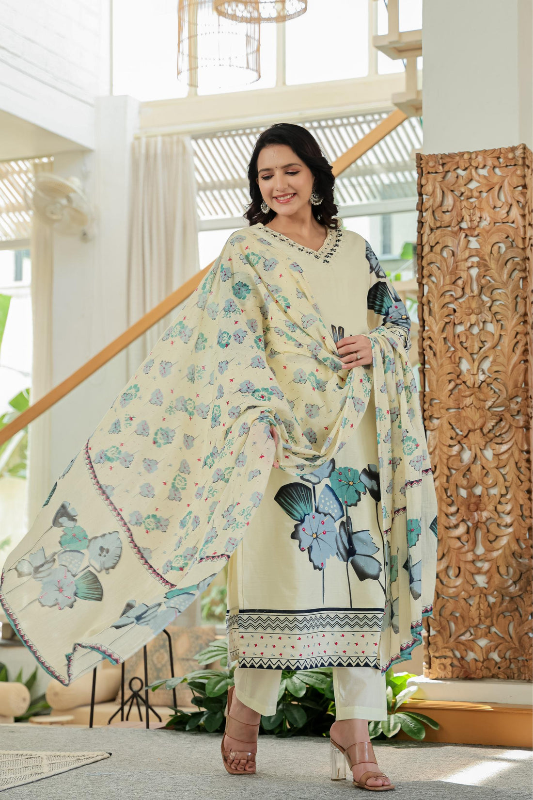 Ivory Bloom Hand-Embroidered Cotton Suit Set