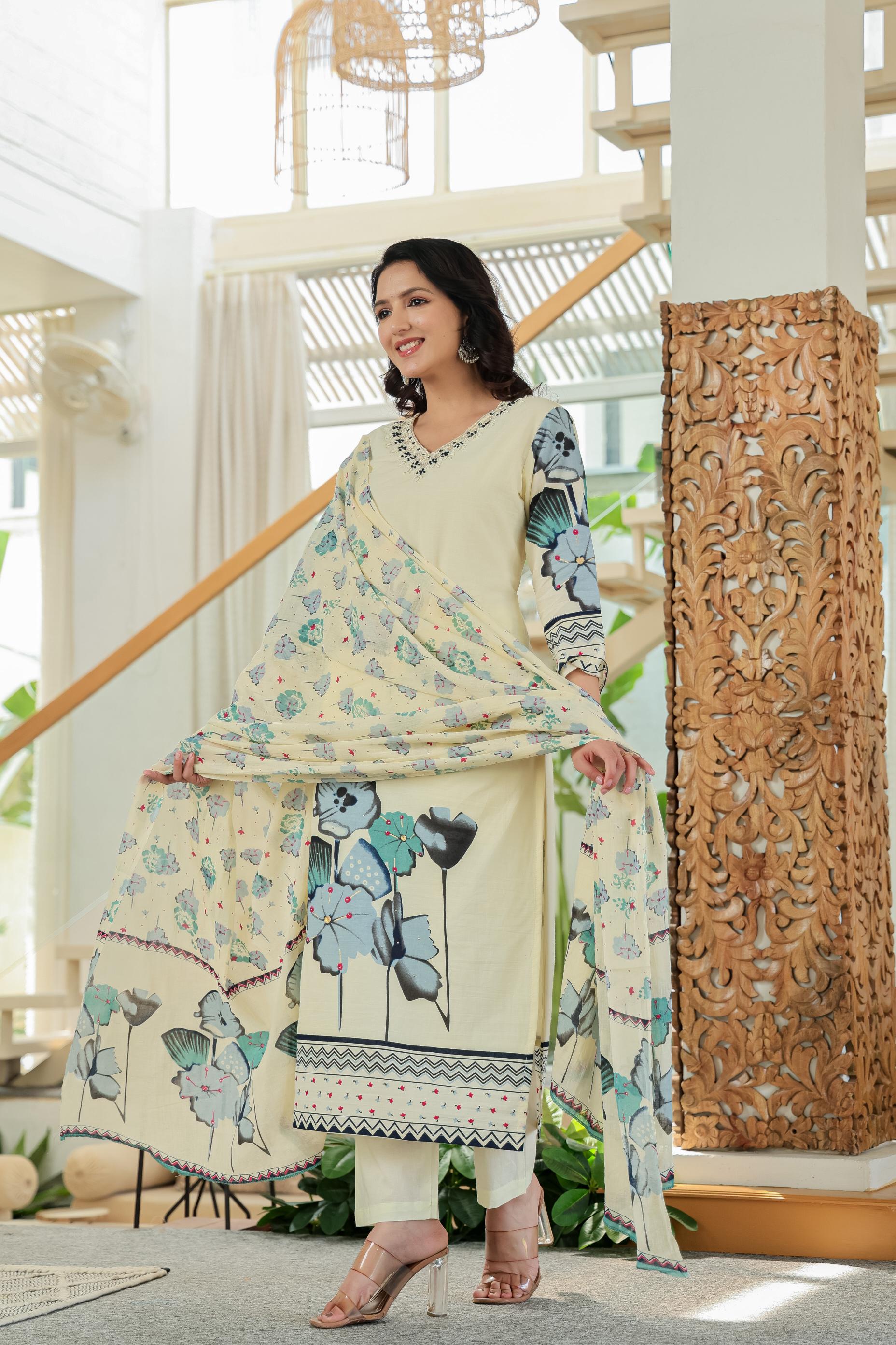 Ivory Bloom Hand-Embroidered Cotton Suit Set