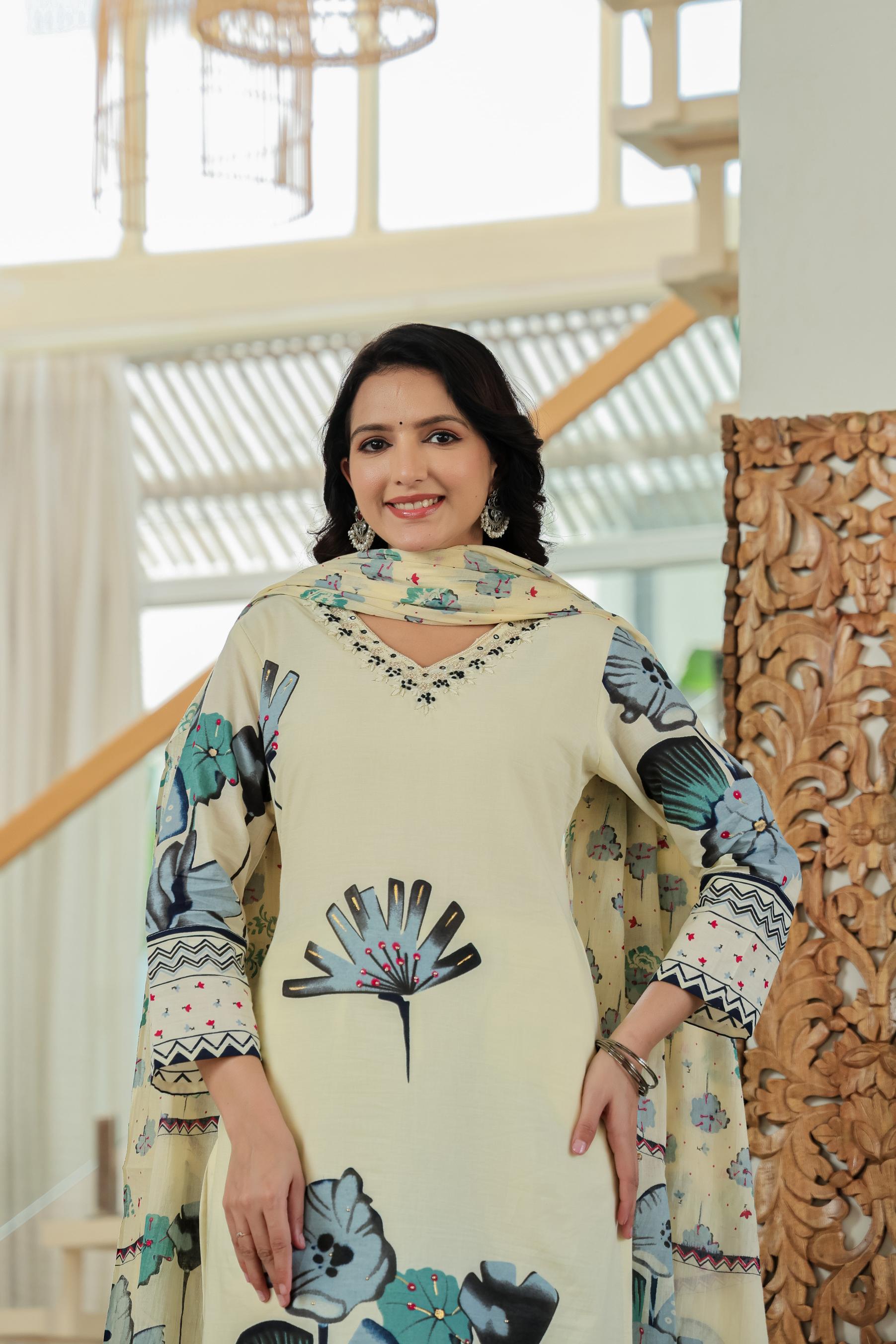 Ivory Bloom Hand-Embroidered Cotton Suit Set
