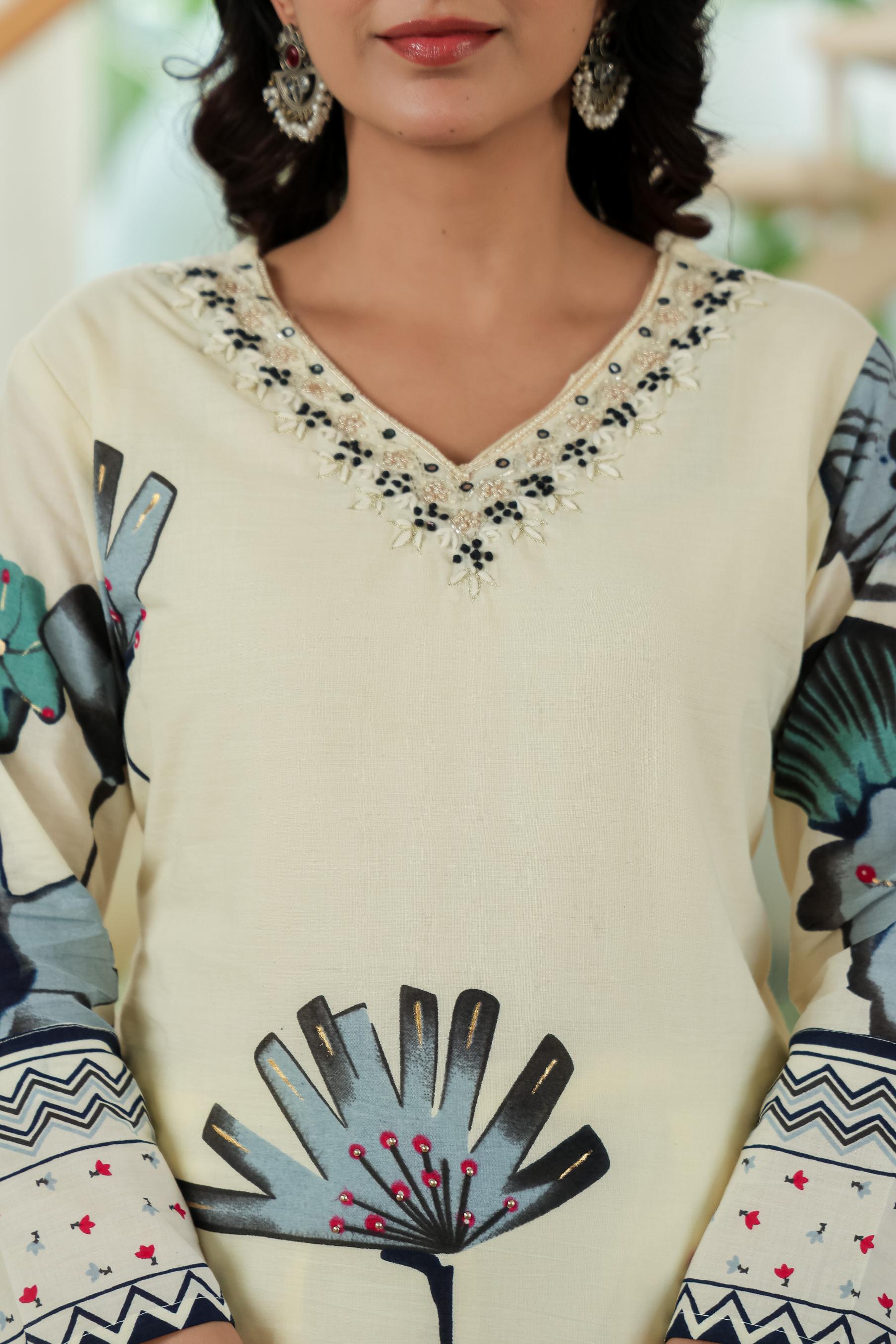 Ivory Bloom Hand-Embroidered Cotton Suit Set