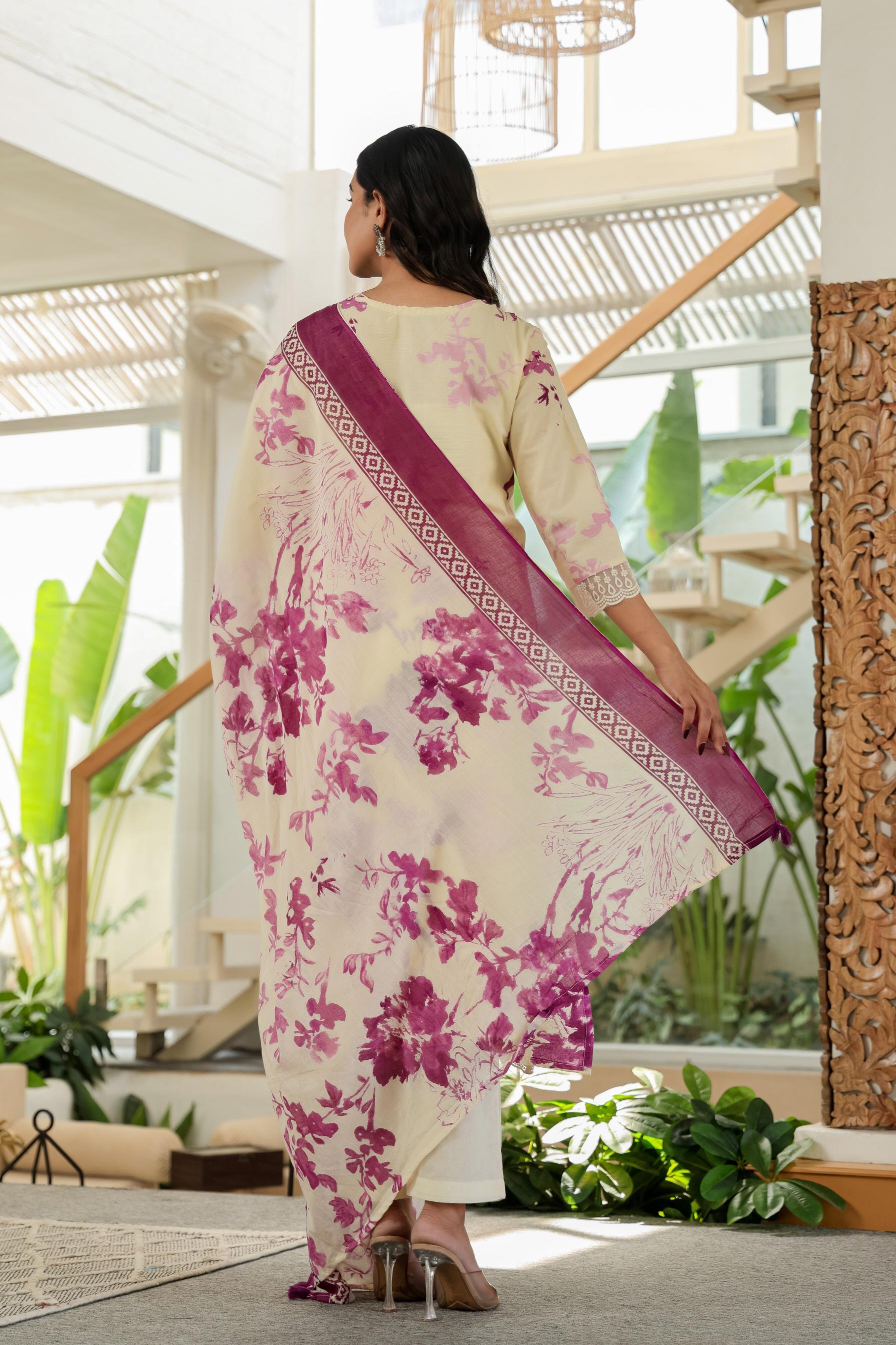 Purple Pure Cotton Kurta Set | Embroidery Work