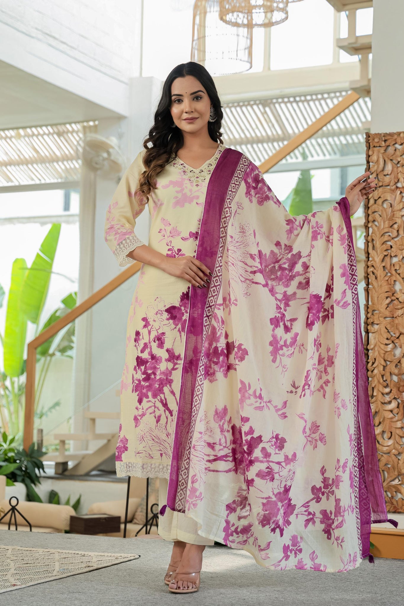 Purple Pure Cotton Kurta Set | Embroidery Work