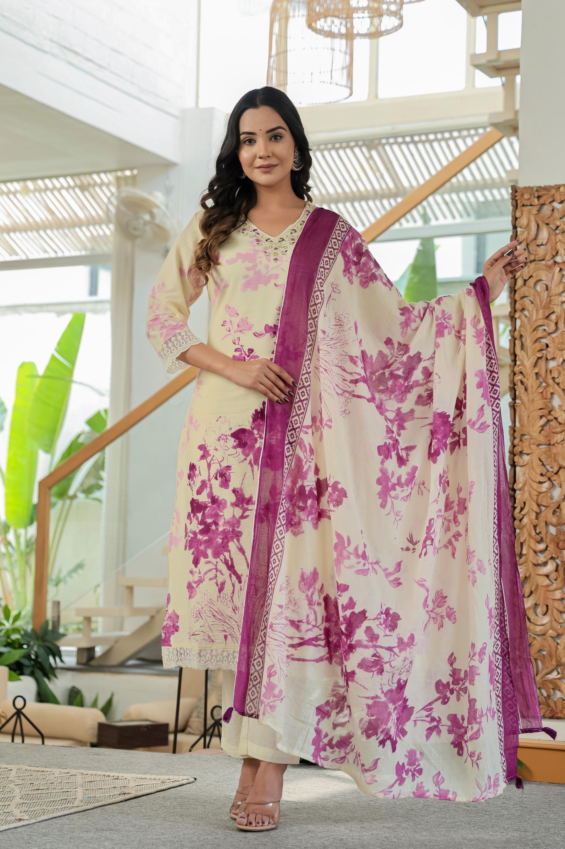 Purple Pure Cotton Kurta Set | Embroidery Work