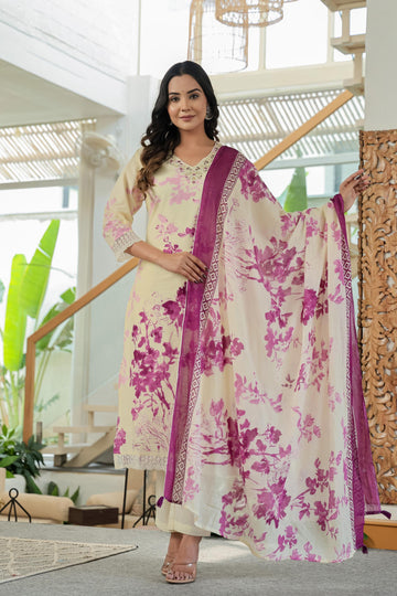 Purple Pure Cotton Kurta Set | Embroidery Work