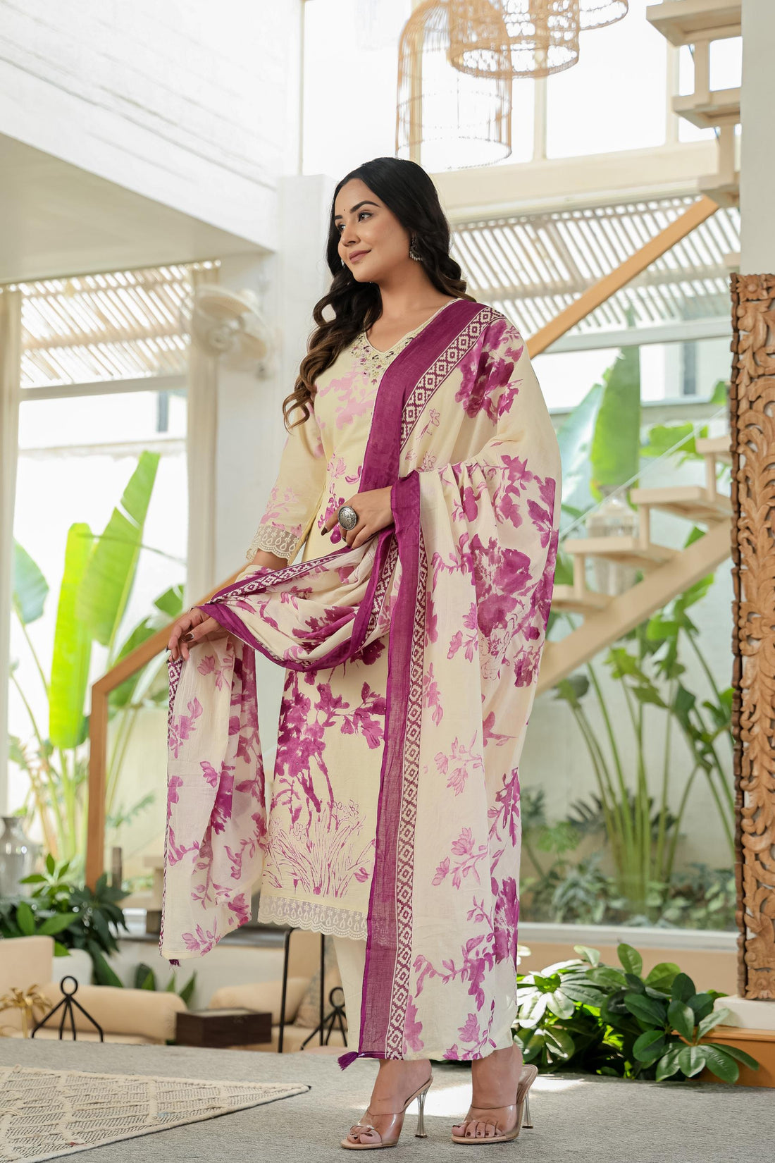 Purple Pure Cotton Kurta Set | Embroidery Work